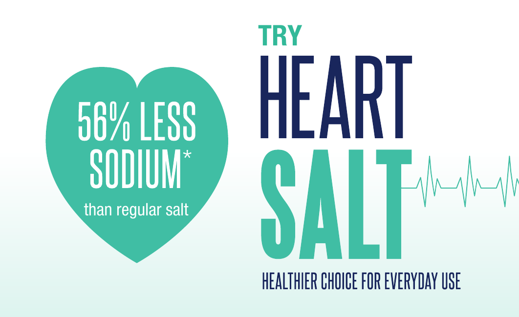Heart Salt promotional artwork showing 56% less sodium than regular salt